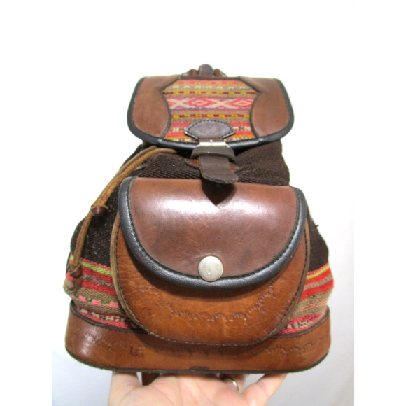 Artisan Handmade in Peru Multicolor Wool, Leather Backpack Purse - Picture 5 of 8